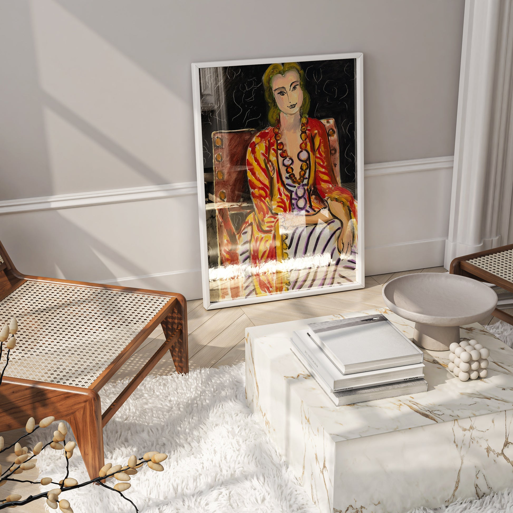 French modern art print by Henri Matisse, woman in ornate chair with amber jewellery, premium wall art for home decor