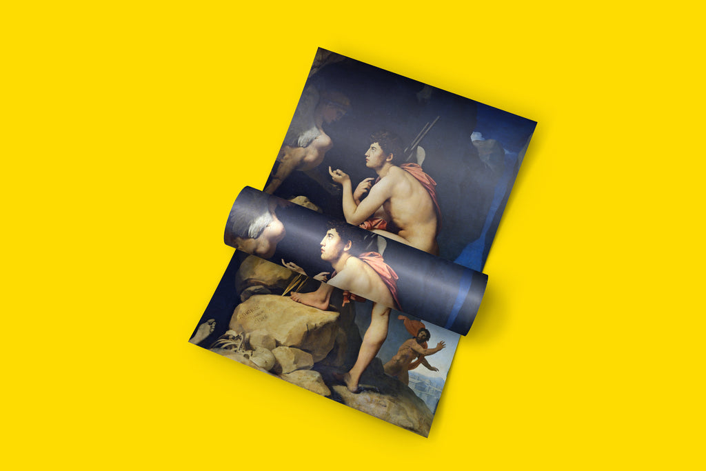 Ingres Oedipus wall art print displaying masterful neoclassical technique with heroic nude figure and sphinx in cave setting, perfect fine art for sophisticated interiors