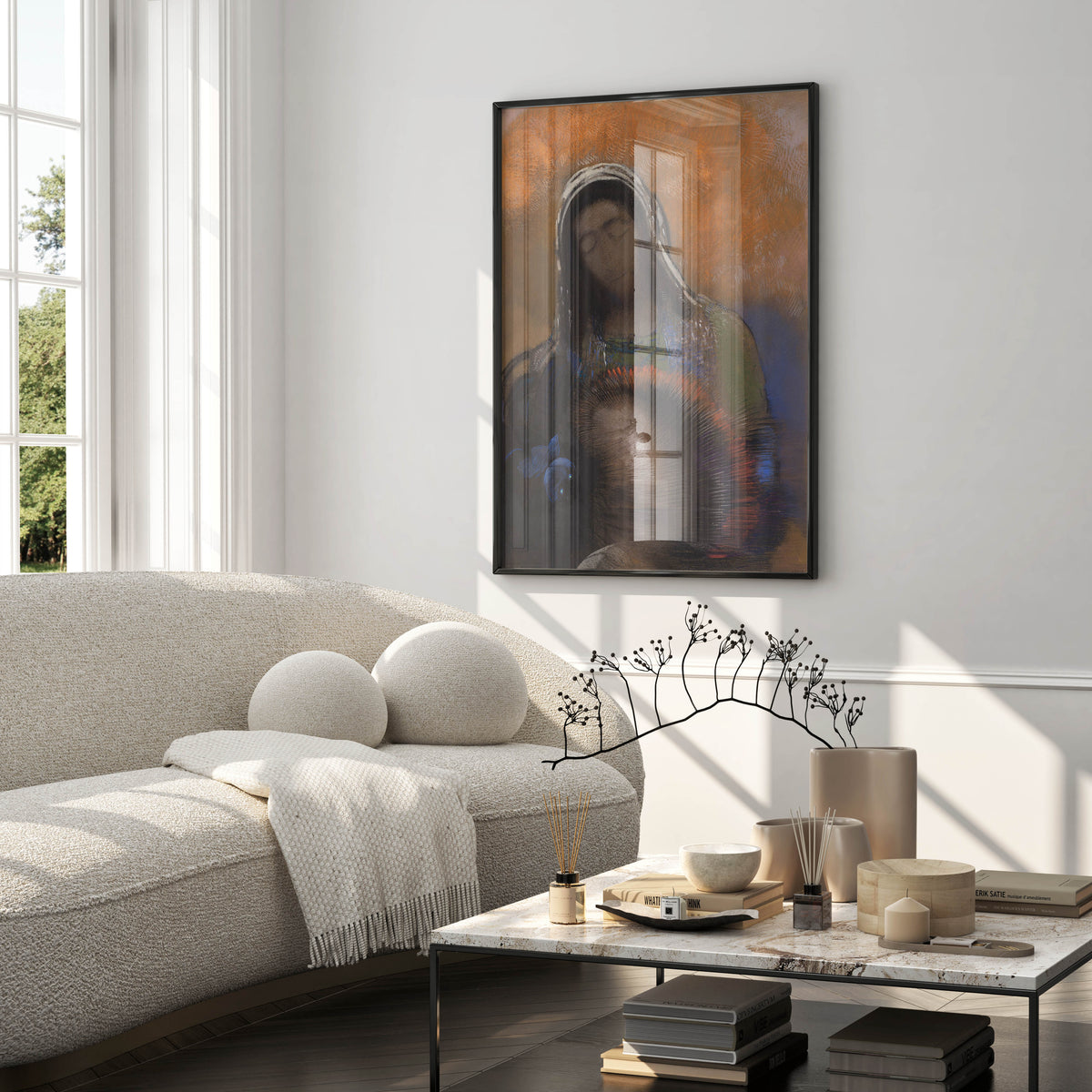 Odilon Redon art print styled as living room wall art, Sacred Heart Buddha in warm autumnal colours