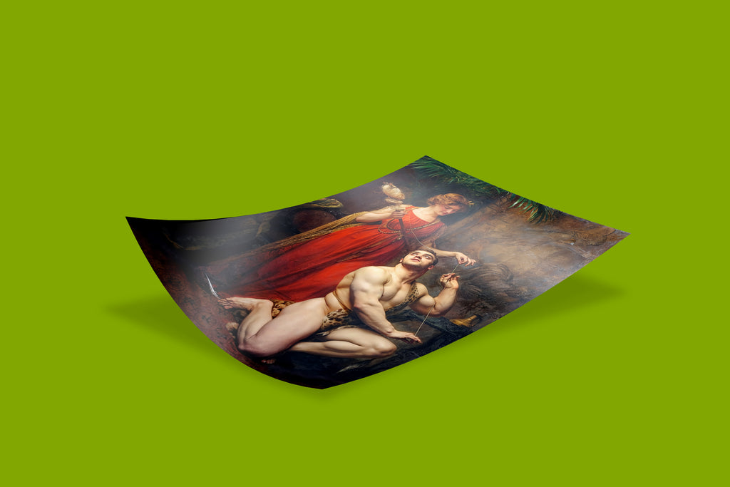 Vintage mythology poster of 'Hercules at the Feet of Omphale' perfect for a sophisticated home decor.