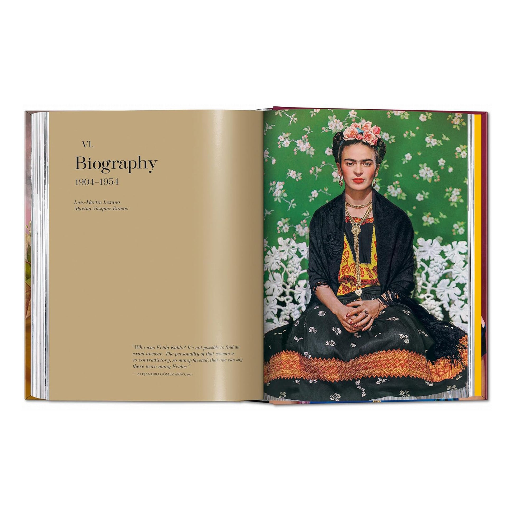 A page from the TASCHEN book featuring a striking portrait of Frida Kahlo in traditional Mexican dress, alongside biographical text, perfect for art collectors and history enthusiasts.