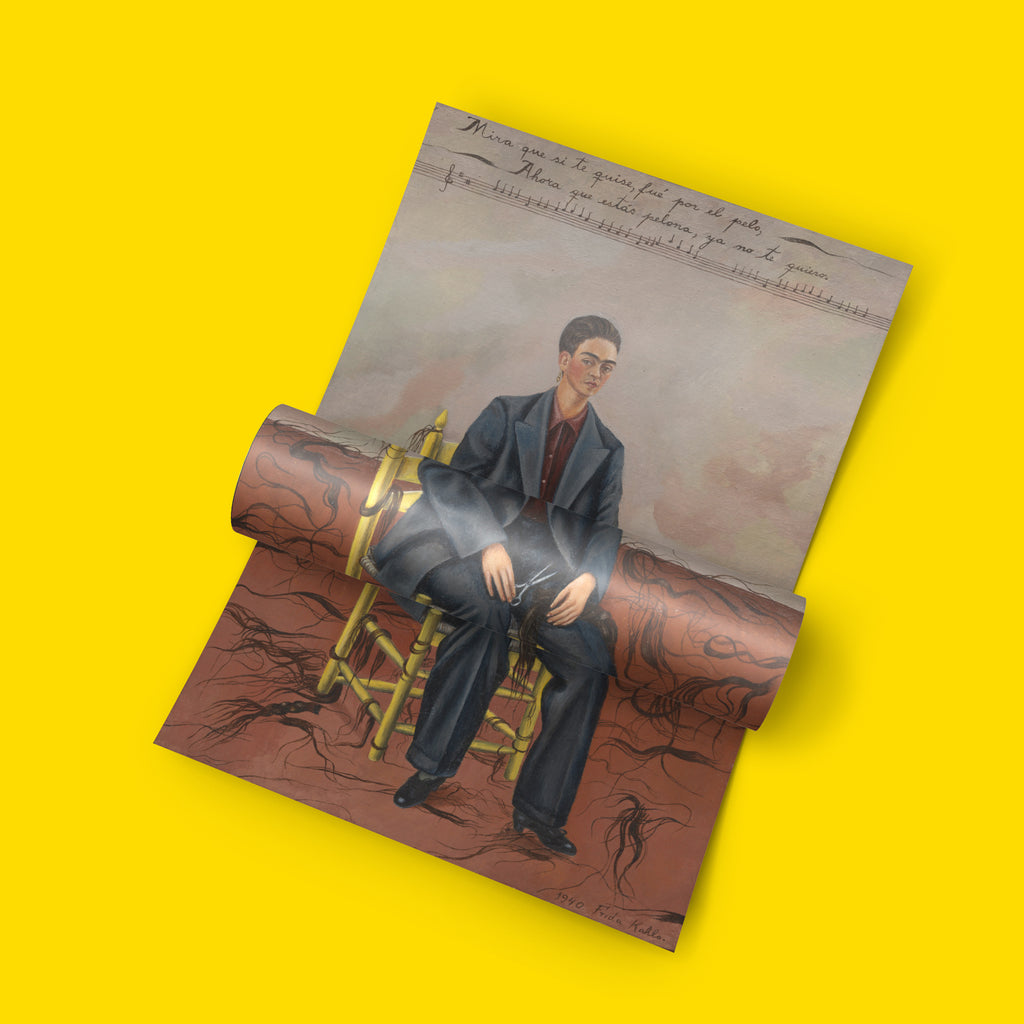 Fine art poster of Frida Kahlo's 1940 Self-Portrait with Cropped Hair featuring Mexican artist in masculine suit