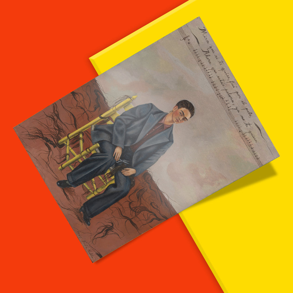 Feminist art print of Frida Kahlo Self-Portrait with Cropped Hair showing artist's transformation after divorce