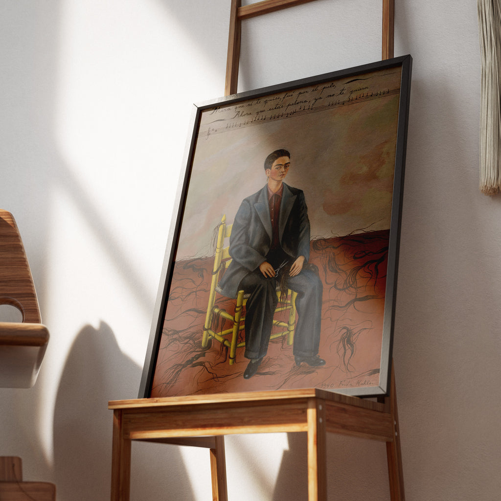 Frida Kahlo art print for home decor featuring iconic 1940 self-portrait with short hair and black suit