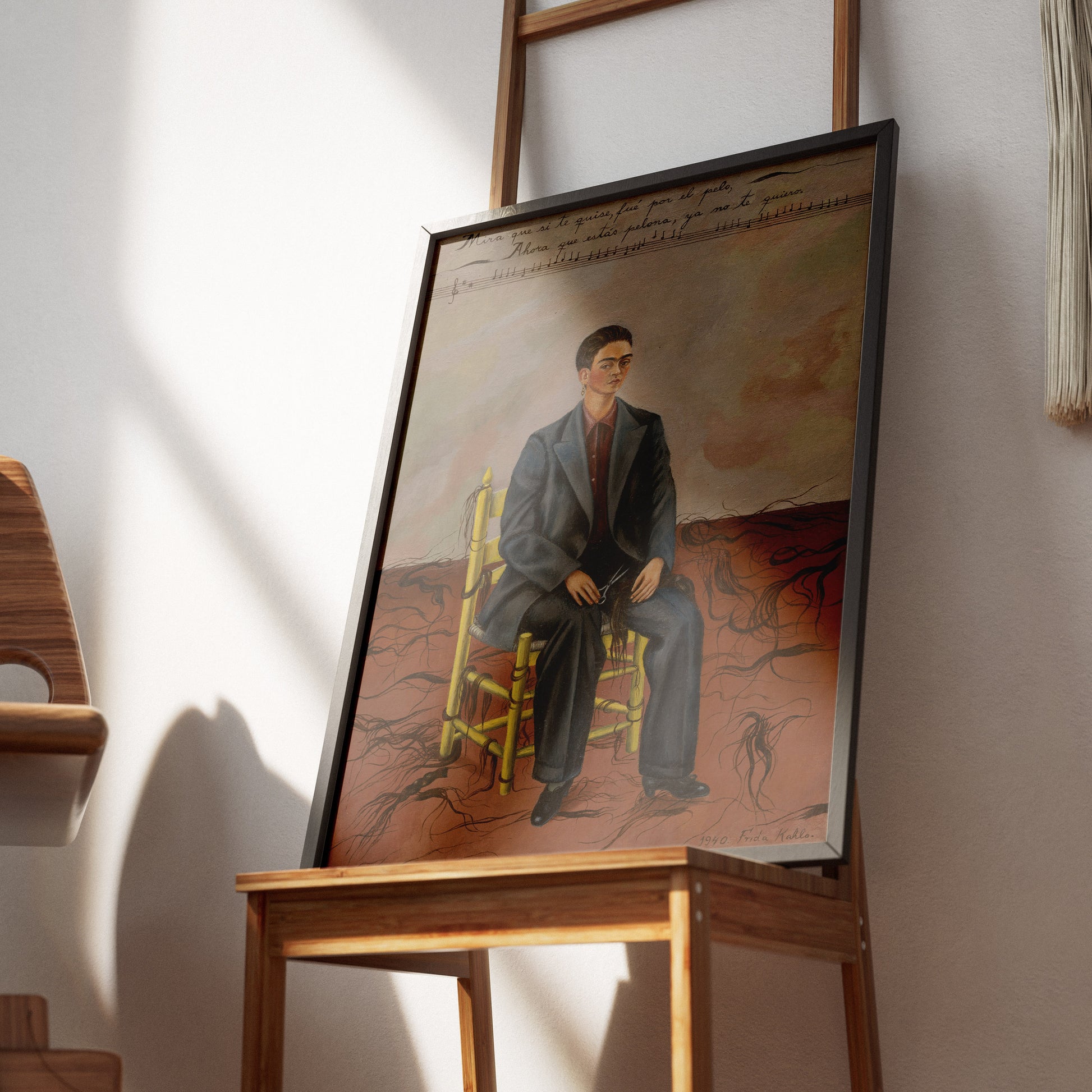 Frida Kahlo art print for home decor featuring iconic 1940 self-portrait with short hair and black suit