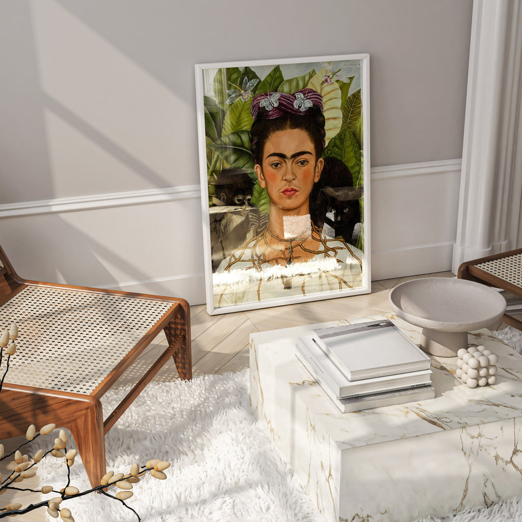 Museum quality Frida Kahlo art print, iconic self-portrait with signature bold eyebrows and traditional Mexican style