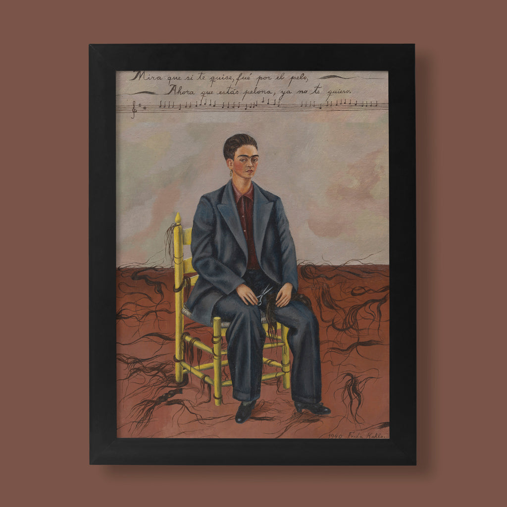 Frida Kahlo Self-Portrait with Cropped Hair art print showing artist in suit holding scissors surrounded by cut hair