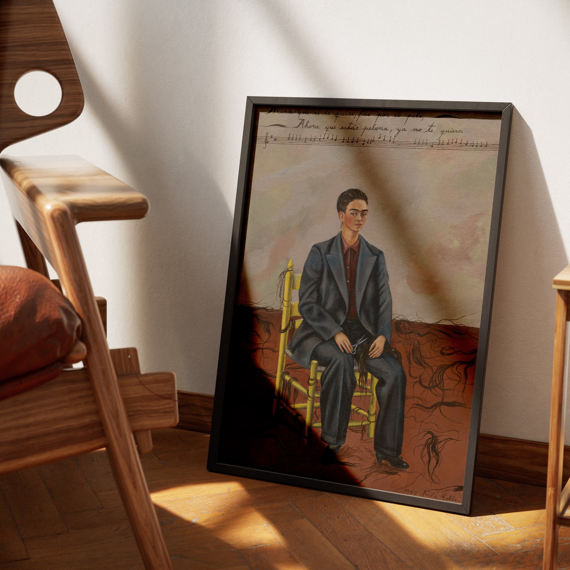 Museum-quality giclée wall art print of Frida Kahlo Self-Portrait with Cropped Hair on yellow chair