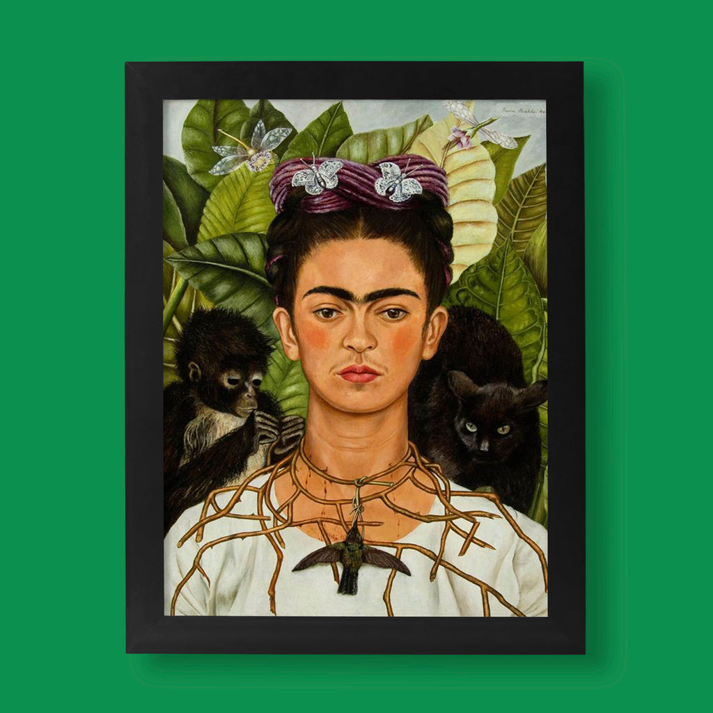 Frida Kahlo Self-Portrait with Thorn Necklace and Hummingbird fine art print, Mexican artist wall art featuring black cat and monkey