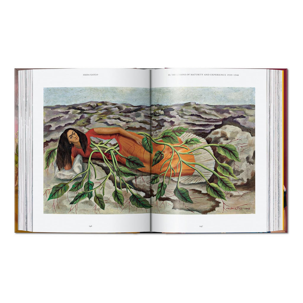 A full-page image of Frida Kahlo's painting "Roots" from the luxury TASCHEN art book, showcasing the surrealist fine art and the artist's connection to nature.