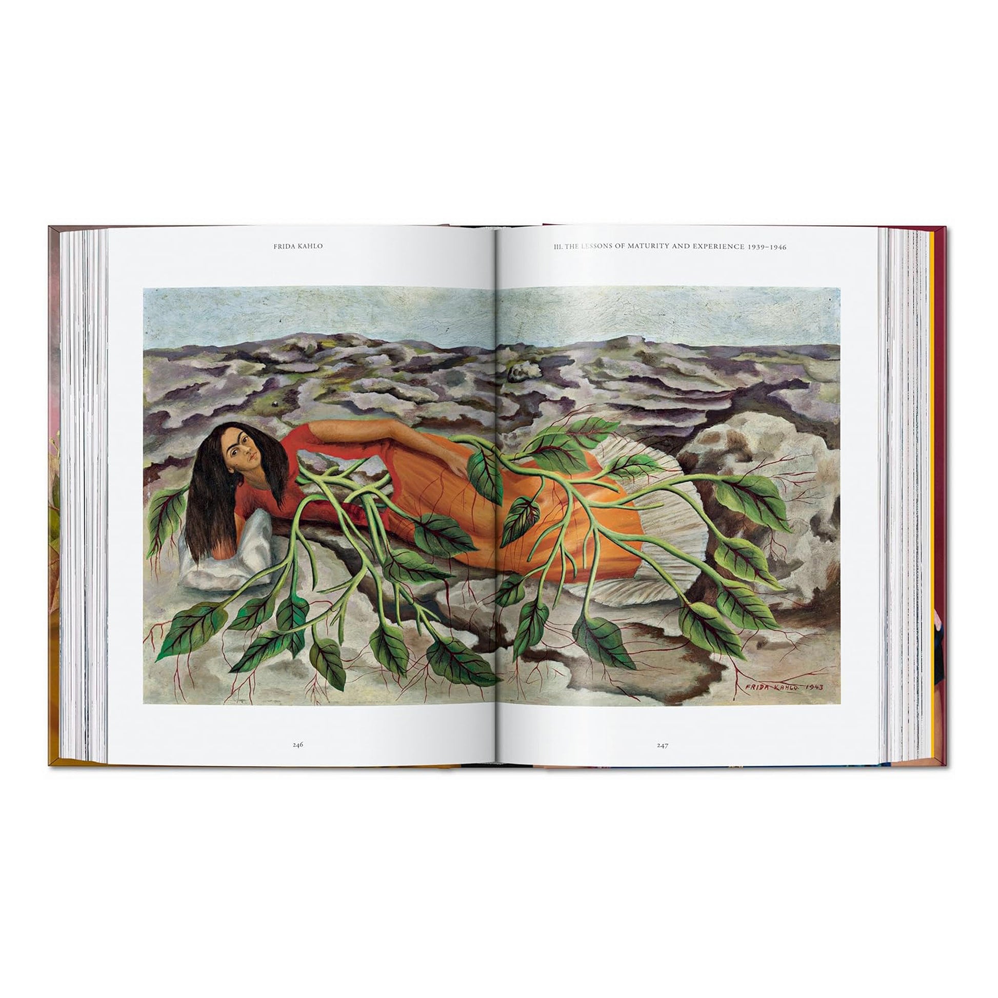 A full-page image of Frida Kahlo's painting "Roots" from the luxury TASCHEN art book, showcasing the surrealist fine art and the artist's connection to nature.