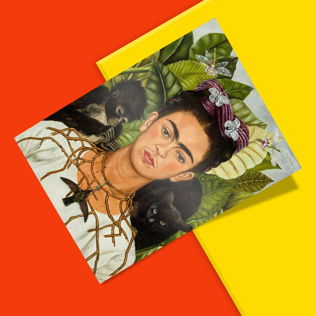 Frida Kahlo botanical self-portrait fine art print for home decor, featuring lush green foliage and exotic animals