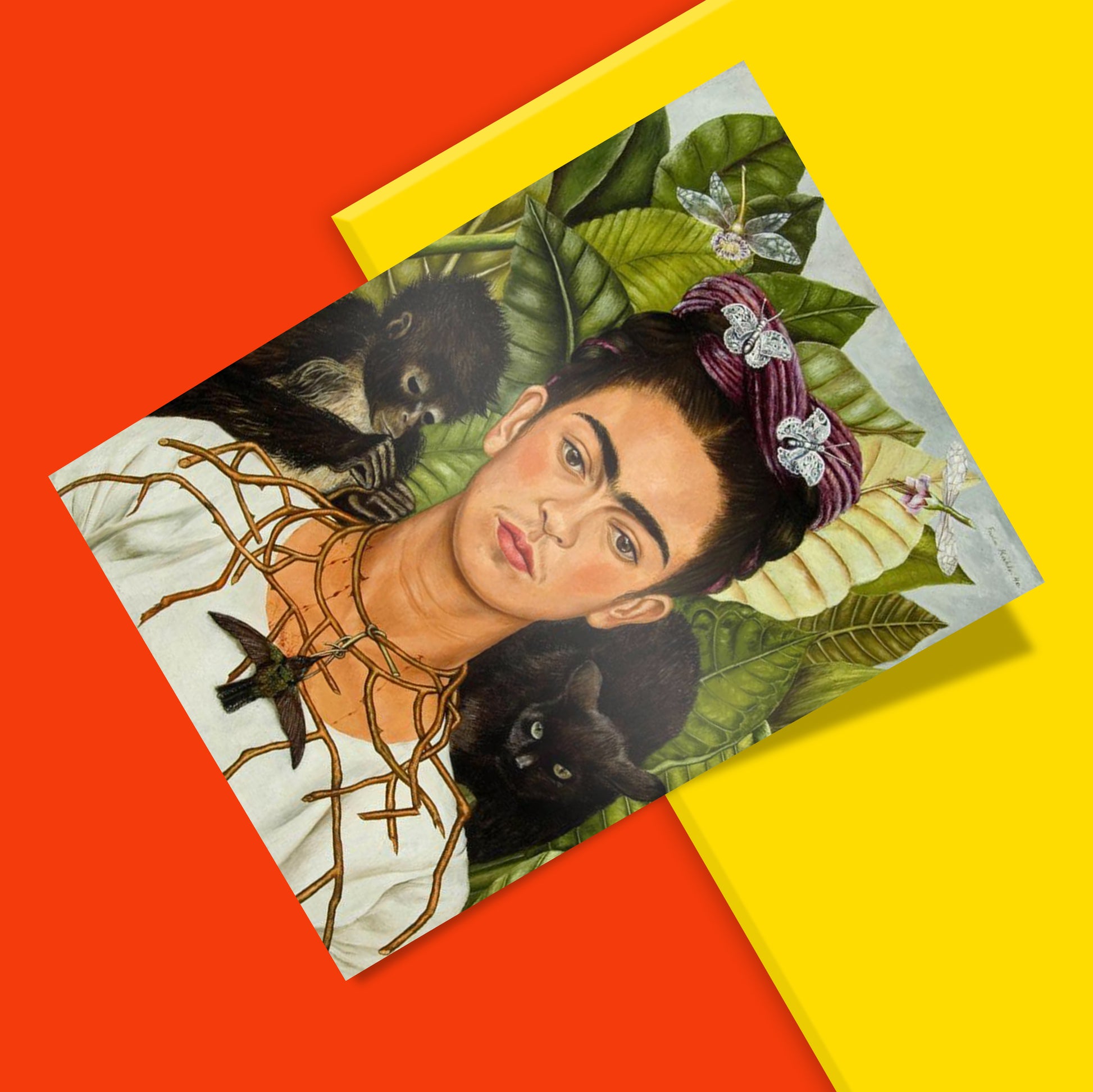 Frida Kahlo botanical self-portrait fine art print for home decor, featuring lush green foliage and exotic animals