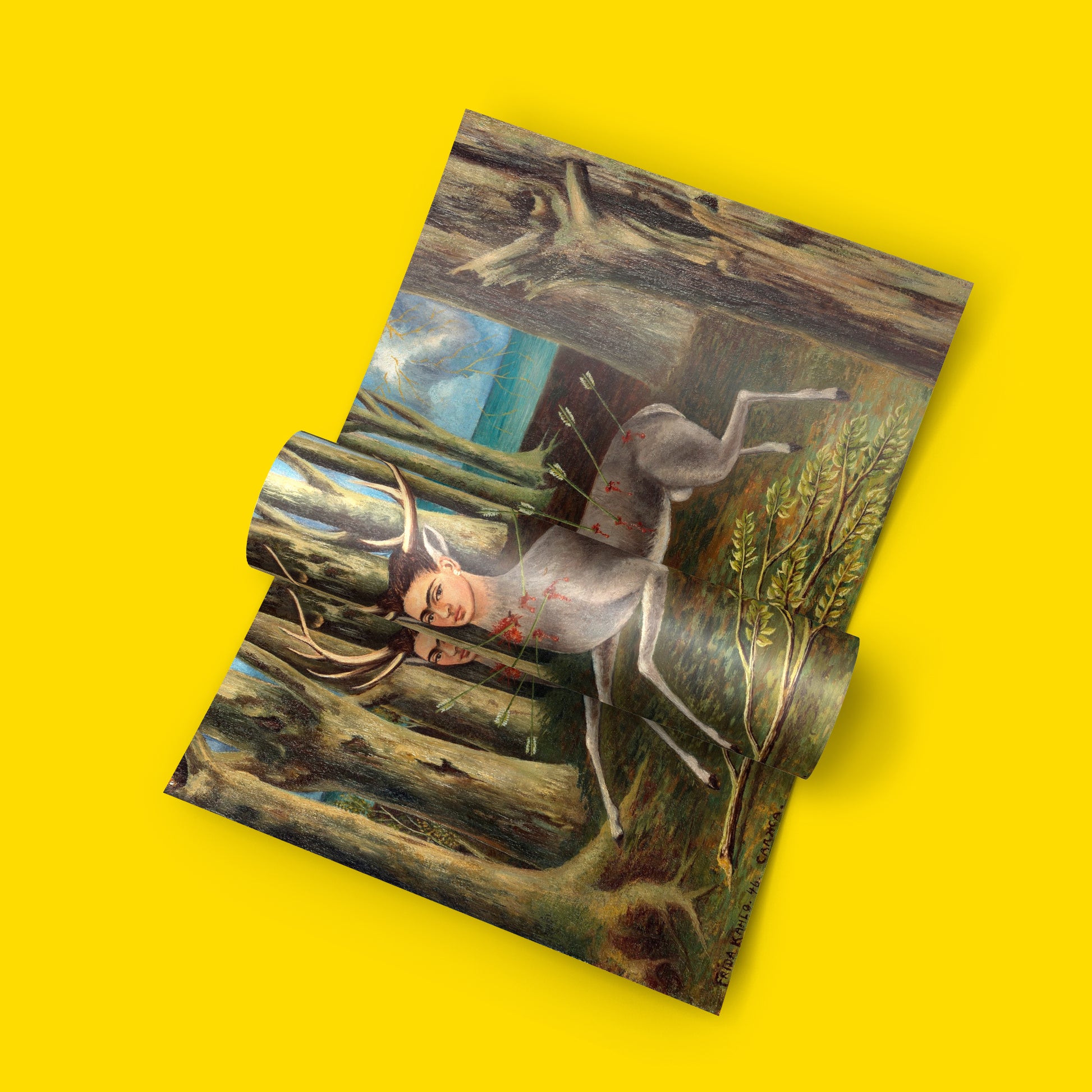 Close-up detail of Frida Kahlo The Wounded Deer giclée art print showing artist's stoic expression and deer antlers with museum-quality colour reproduction