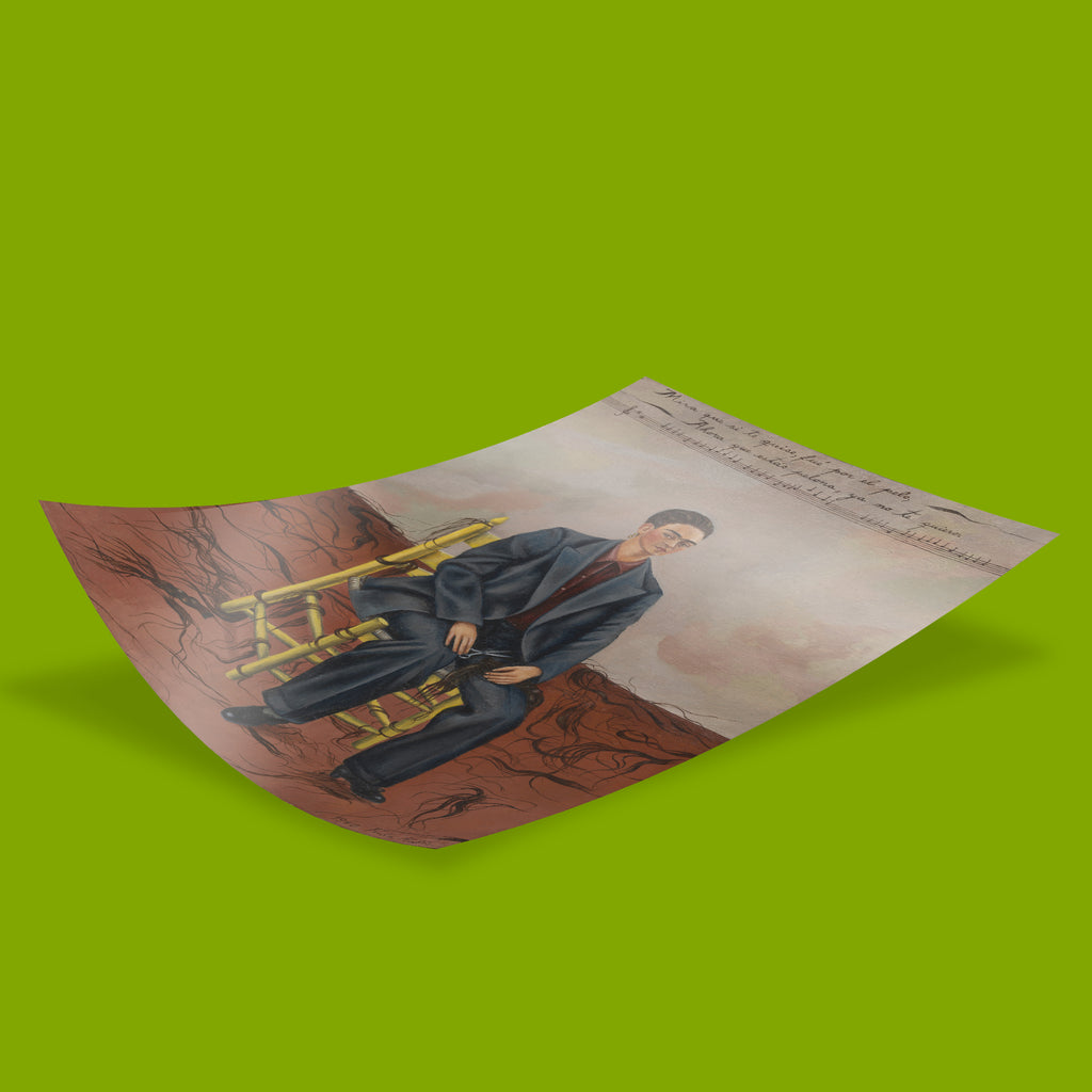 Fine art reproduction print of Frida Kahlo's iconic Self-Portrait with Cropped Hair surrounded by severed locks