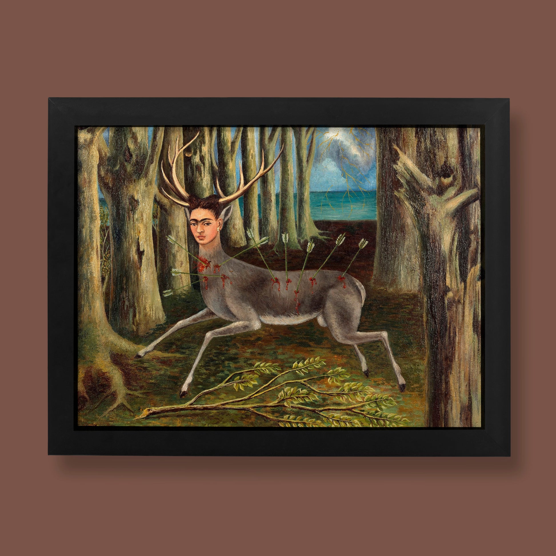 Frida Kahlo The Wounded Deer fine art print poster featuring surrealist self-portrait with deer body and arrows in forest scene