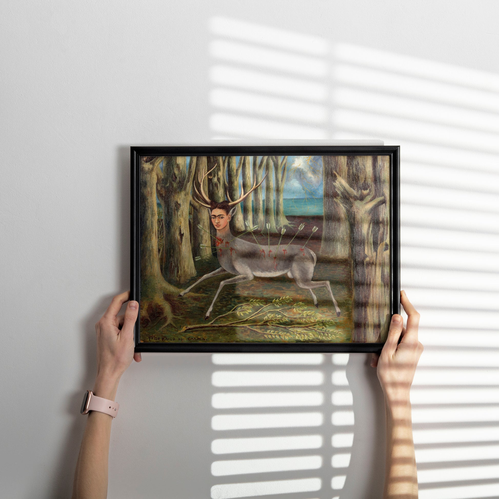 Frida Kahlo The Wounded Deer wall art print displayed in modern interior as contemporary home decor with Mexican surrealist artwork
