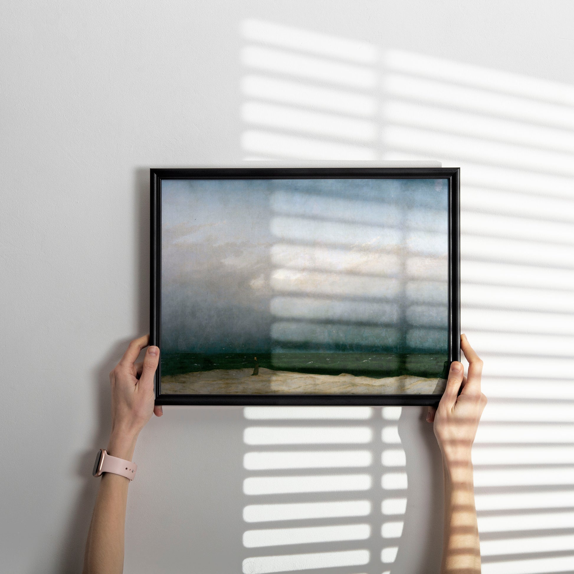 Premium giclée art print of Caspar David Friedrich's Monk by the Sea, a Romantic masterpiece portraying human solitude and mortality against the infinite expanse of sea and stormy sky