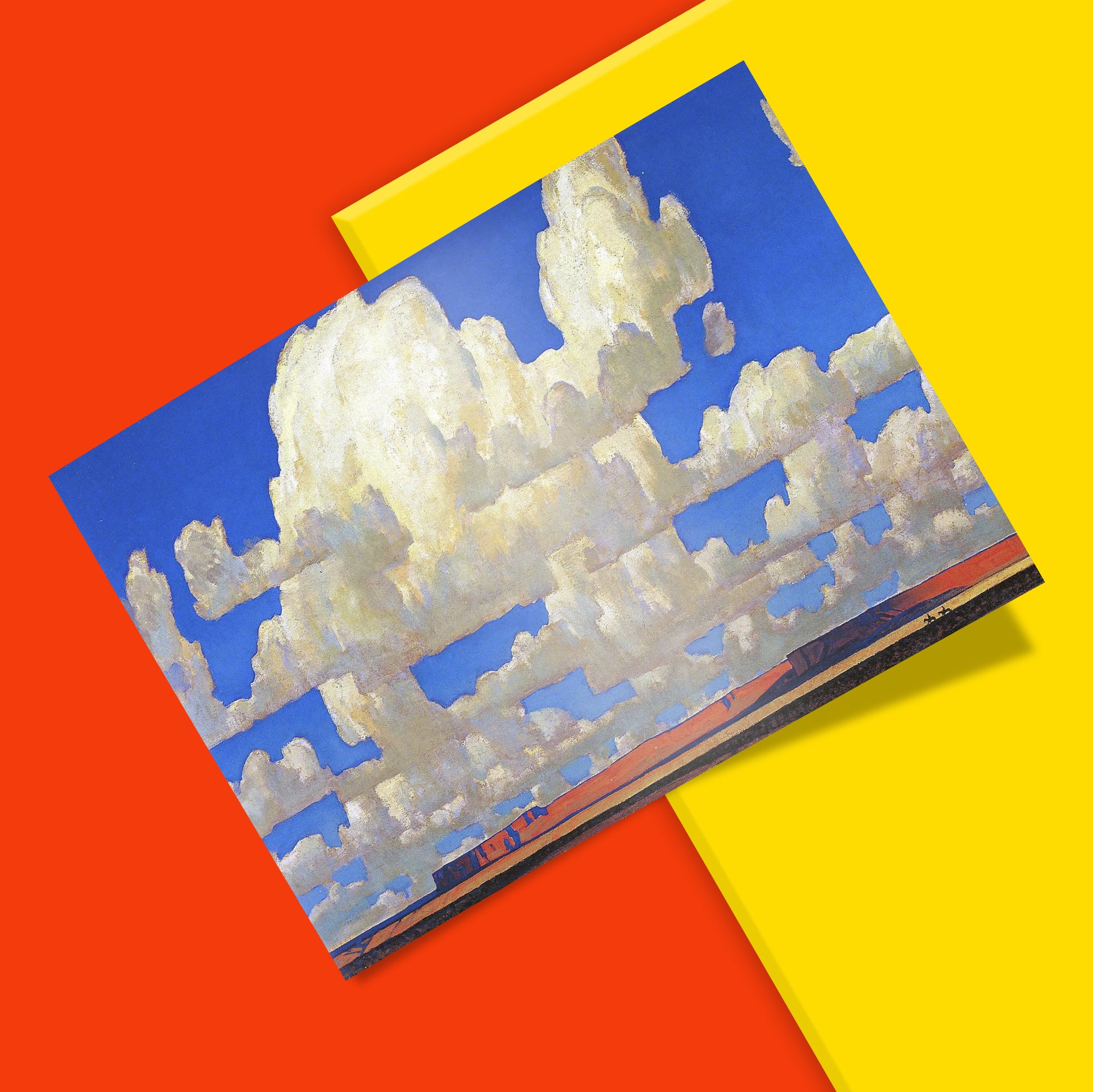 Close-up of the 12-color giclée printing on the Maynard Dixon Cloud World poster showing sharp details and vivid blues.