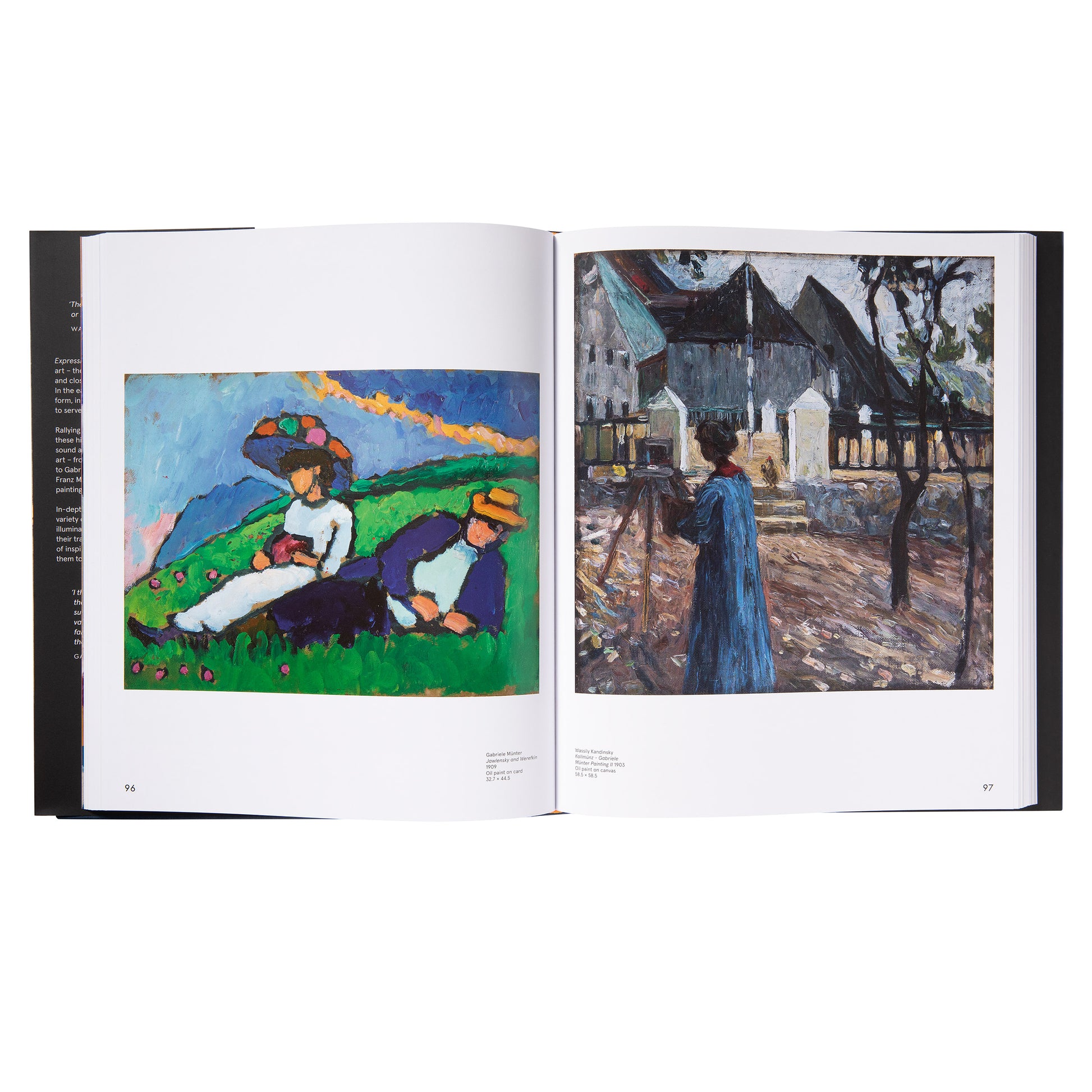 An inside page of the book featuring a painting of a couple relaxing on a hillside and another of a woman painting outdoors, highlighting the personal and observational work of the Expressionists, including Gabriele Münter.