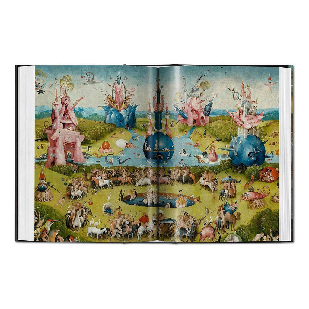 A double-page spread from the TASCHEN art book showing the complete central panel of Hieronymus Bosch's masterpiece, The Garden of Earthly Delights.
