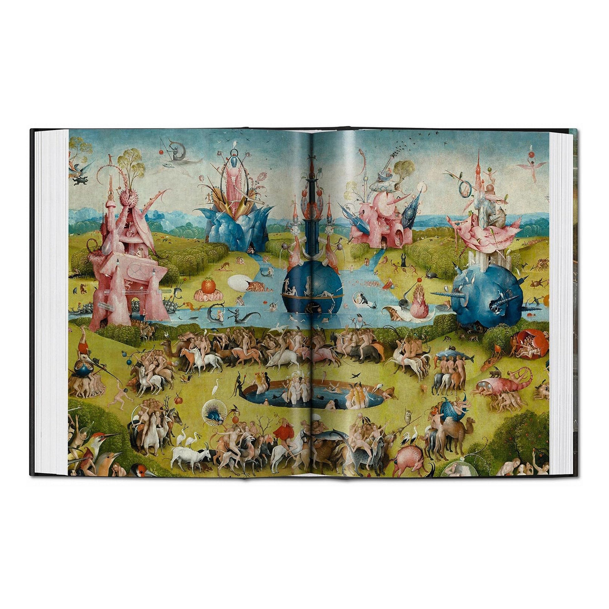 A double-page spread from the TASCHEN art book showing the complete central panel of Hieronymus Bosch's masterpiece, The Garden of Earthly Delights.