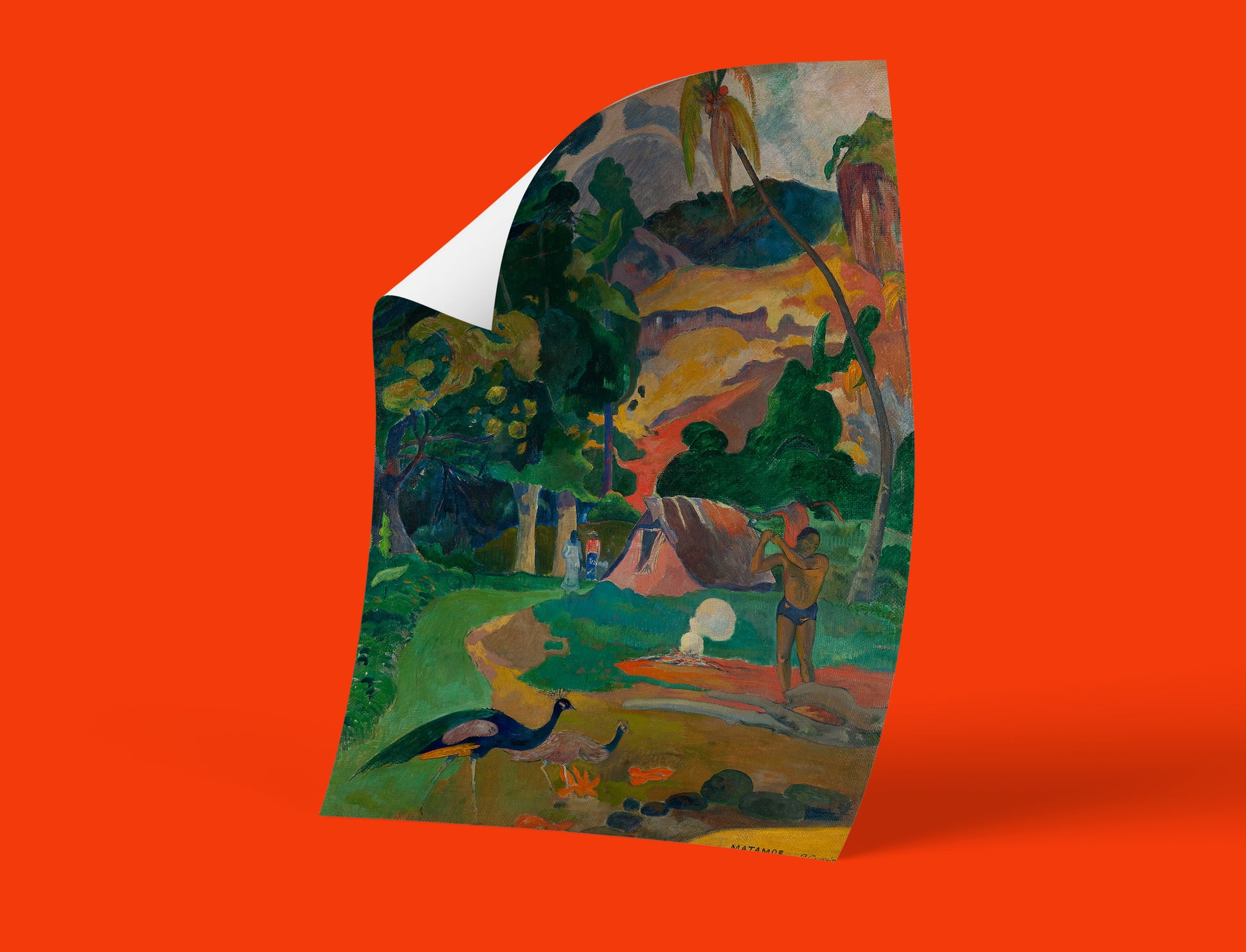 Museum quality art print of Gauguin's 1892 Matamoe Death featuring two peacocks, axe-wielding figure and tropical paradise, premium fine art poster for gallery walls