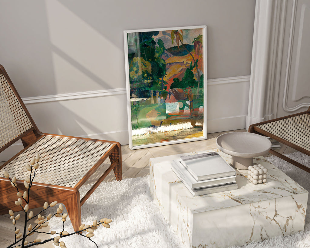 Paul Gauguin Landscape with Peacocks Death framed art print hanging on wall, premium framed wall art featuring Tahitian tropical scene with peacocks, museum quality home decor