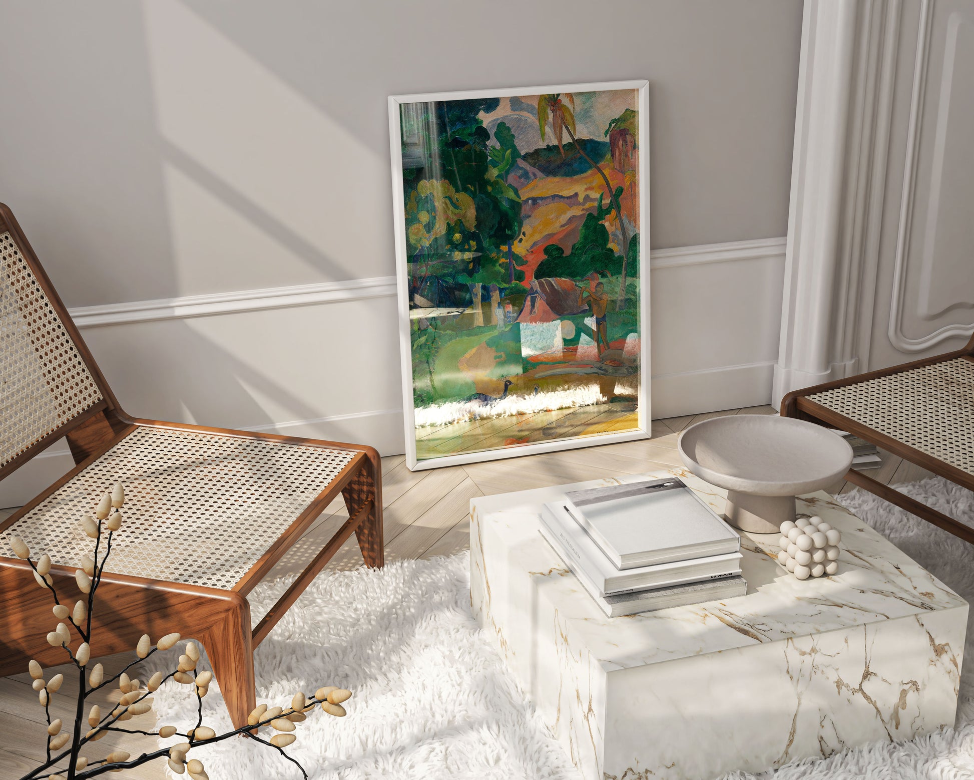 Paul Gauguin Landscape with Peacocks Death framed art print hanging on wall, premium framed wall art featuring Tahitian tropical scene with peacocks, museum quality home decor