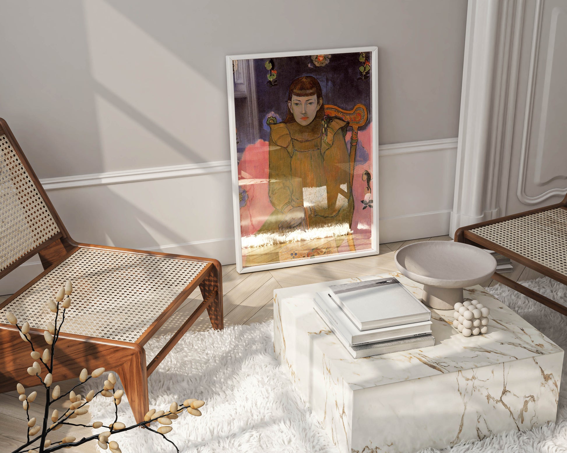 A beautiful framed art print of Paul Gauguin's "Portrait of a Young Woman, Vaite (Jeanne) Goupil" displayed as a focal point in a luxury living room, enhancing the modern and elegant space.