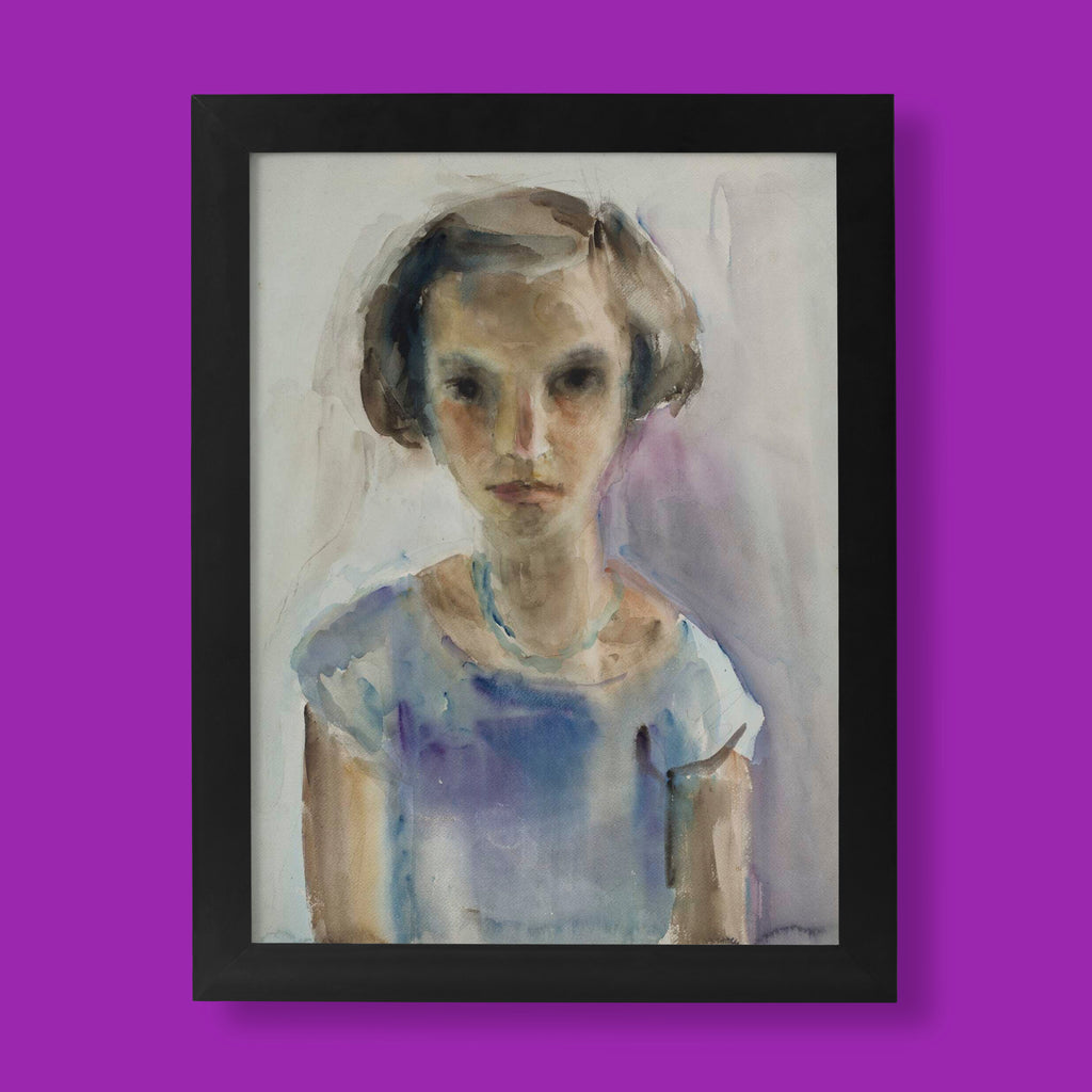 Gela Seksztajn Portrait of a Girl fine art print, a watercolour portrait of a young girl in a blue dress, available as a giclée wall art print from ART SNOB