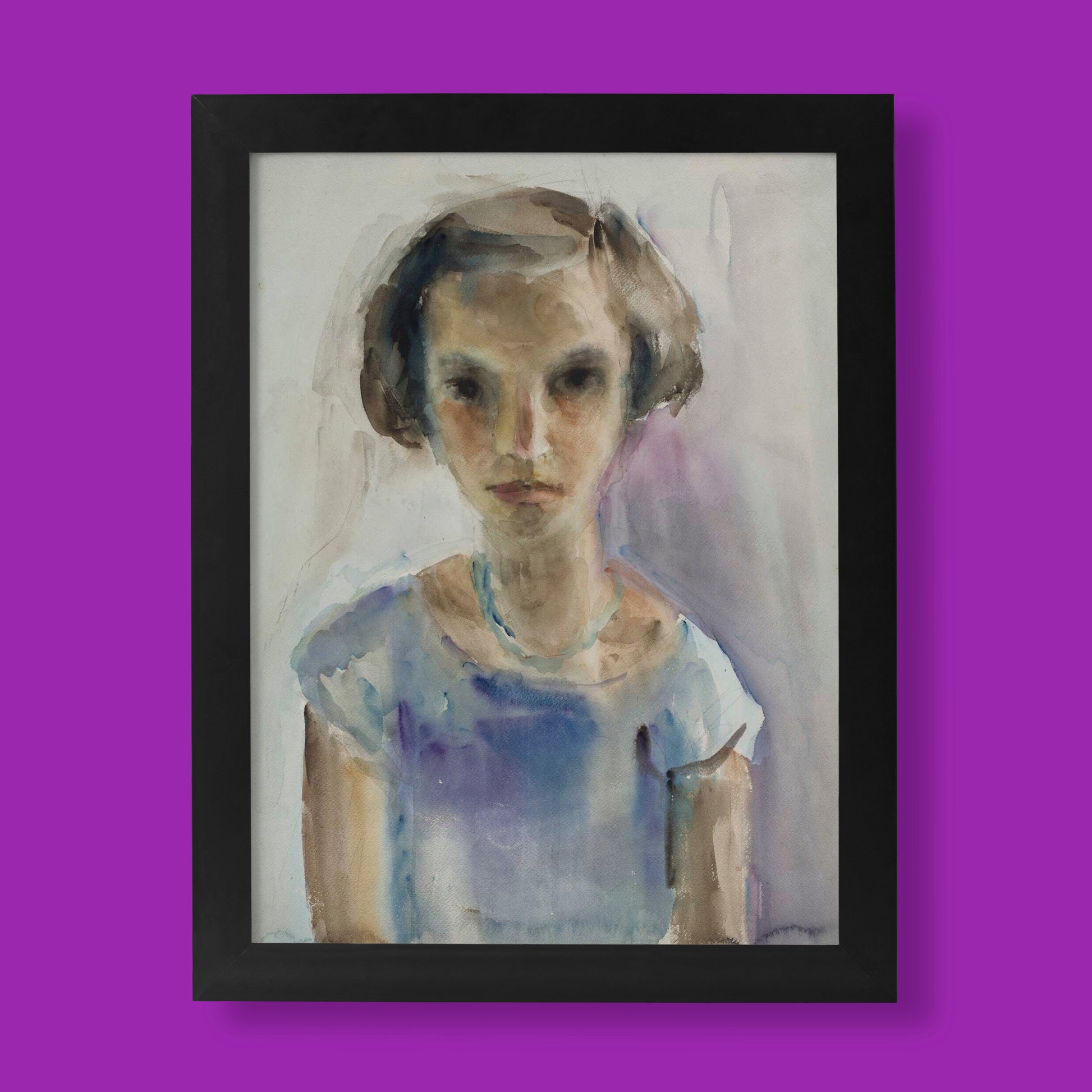 Gela Seksztajn Portrait of a Girl fine art print, a watercolour portrait of a young girl in a blue dress, available as a giclée wall art print from ART SNOB