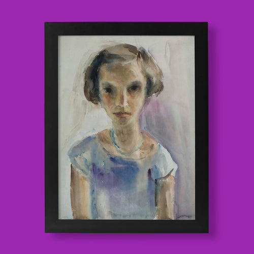 Gela Seksztajn Portrait of a Girl fine art print, a watercolour portrait of a young girl in a blue dress, available as a giclée wall art print from ART SNOB