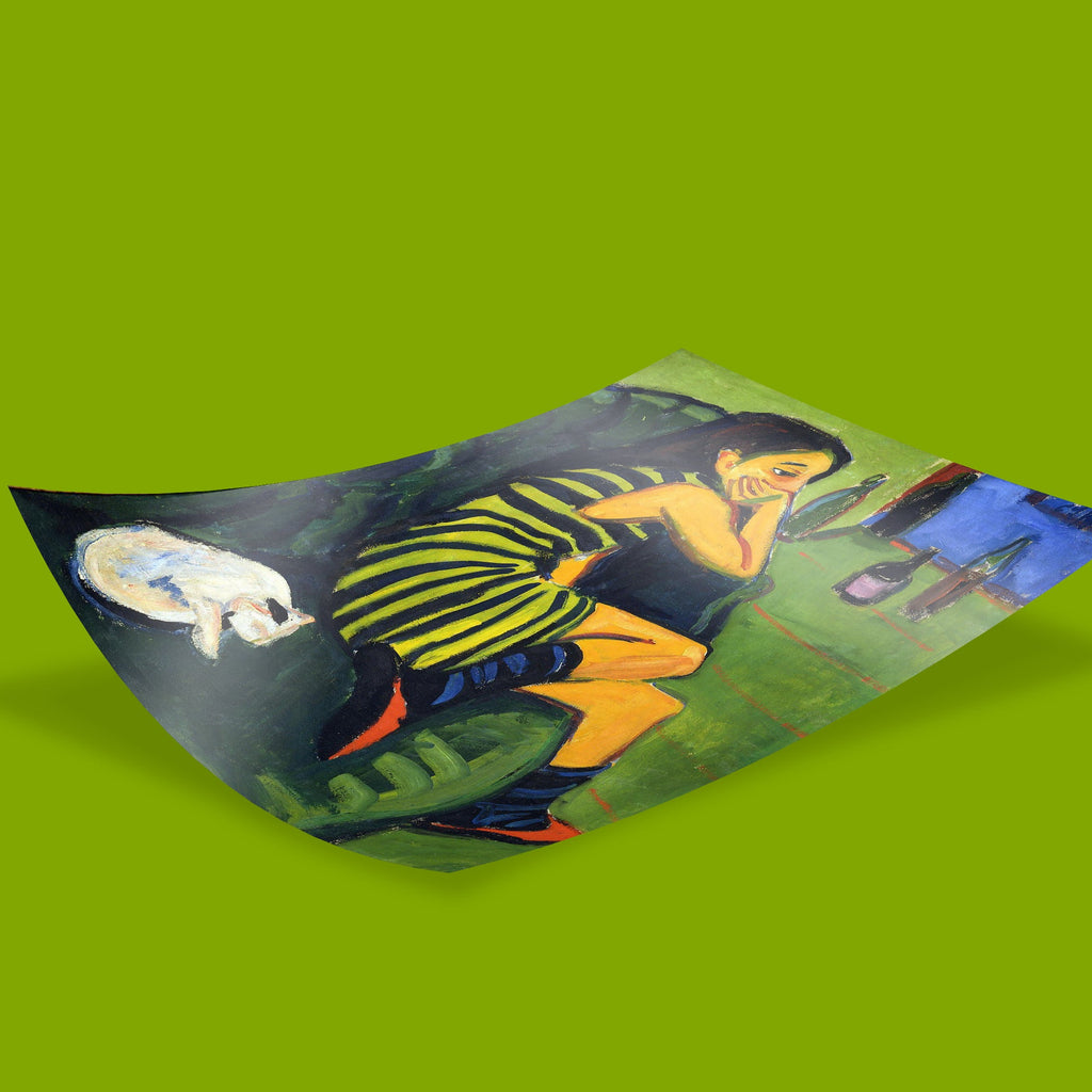 German Expressionism art print by Ernst Ludwig Kirchner featuring Artistin Marcella in iconic green striped dress, high quality 12-colour giclée wall art for collectors