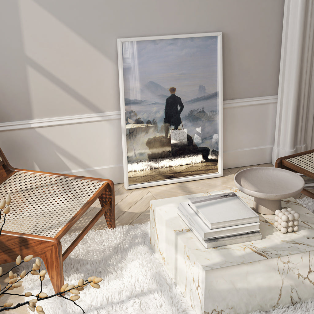 Iconic Romantic painting wall art print of Friedrich's Wanderer Above the Sea of Fog, perfect for home décor and interior design, available in a range of sizes