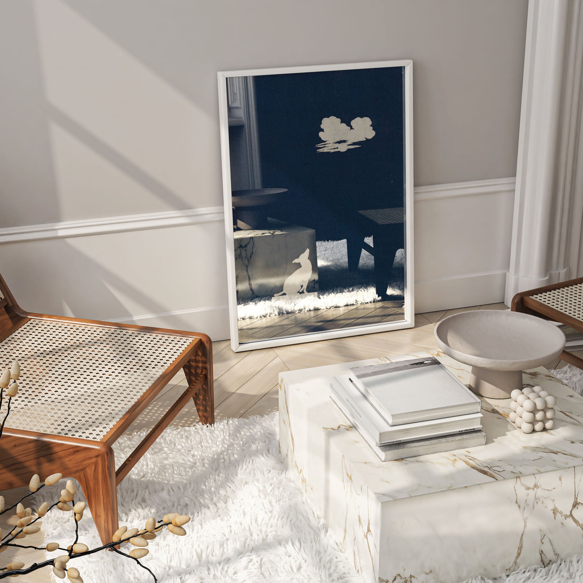 Dog Howling at the Moon wall art print by Philipp Otto Runge, minimalist blue and white romantic era artwork for modern interiors