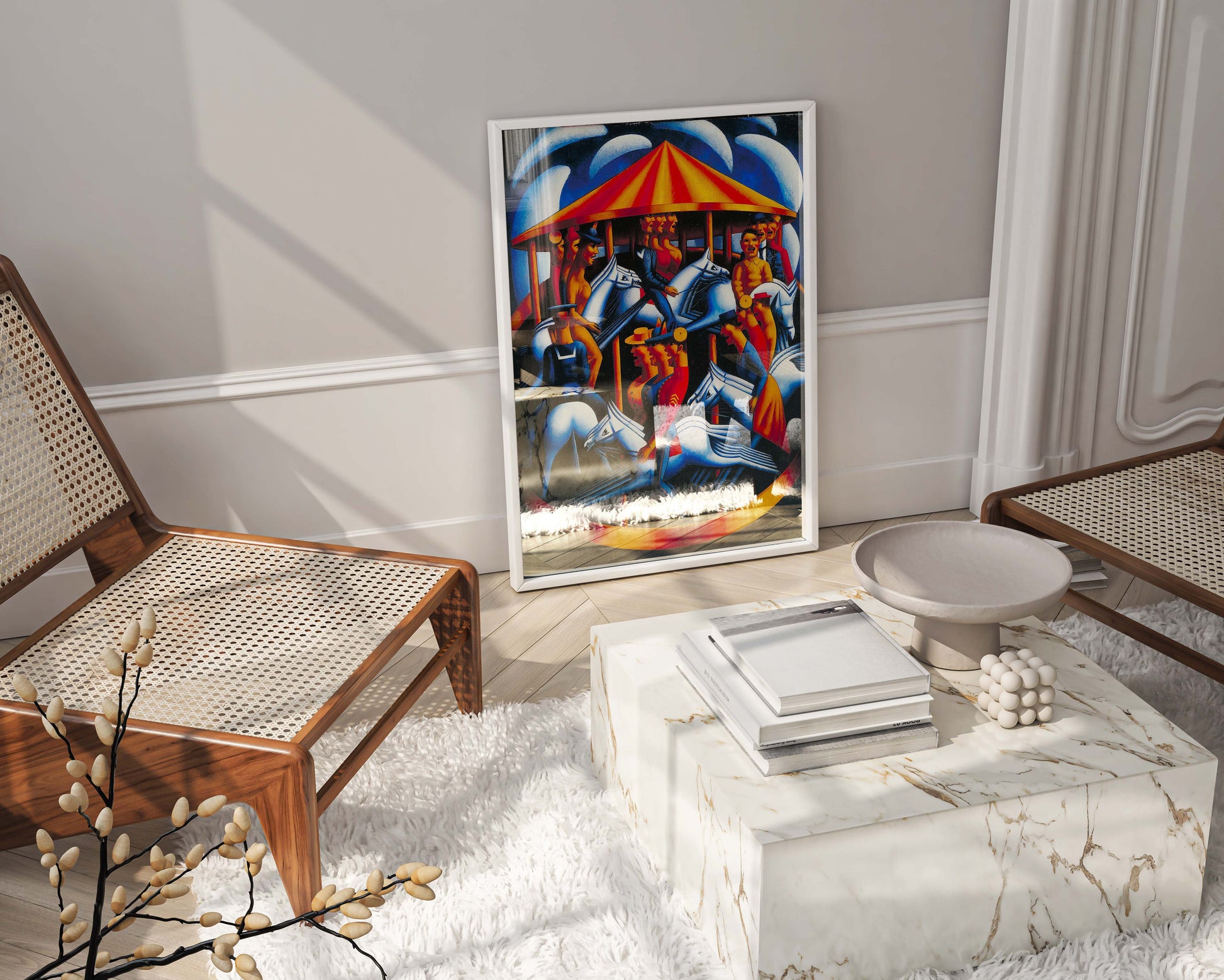 Mark Gertler's "Merry-Go-Round" painting print in a sleek white frame, perfect for modernist home decor.