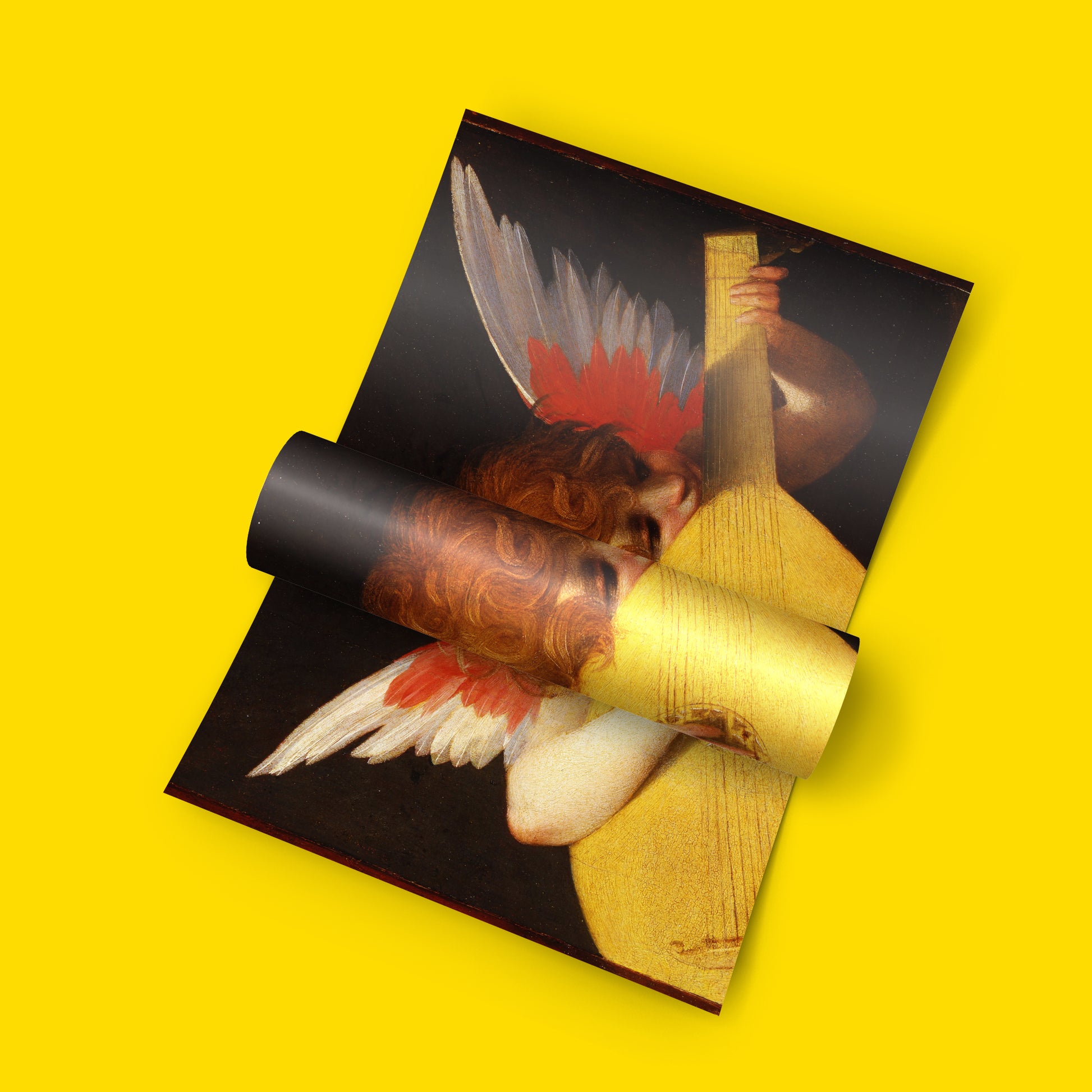 Close-up detail of the Rosso Fiorentino Angel Playing the Lute print, highlighting the rich textures of the angel's wings and the delicate strings of the instrument.