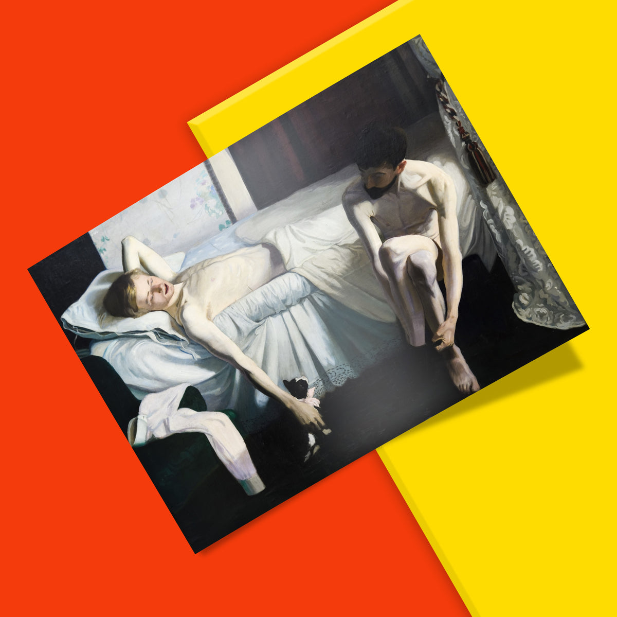A mounted art print showing a classical bedroom scene with two nude figures on a bed, photographed at an angle over a bold red and yellow graphic background.