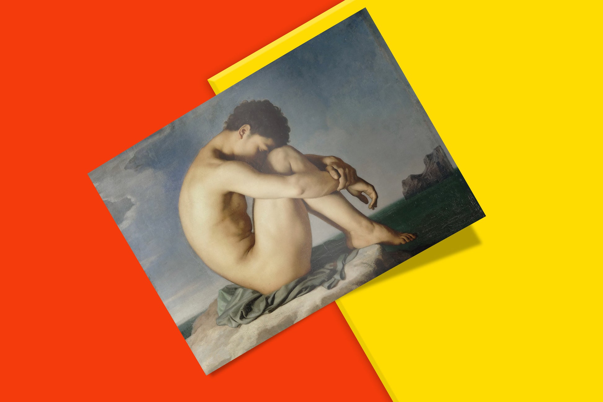 A fine art poster of Hippolyte Flandrin's "Young Male Nude," a celebrated painting housed in the Louvre Museum, ideal for elegant home decor and art collectors.