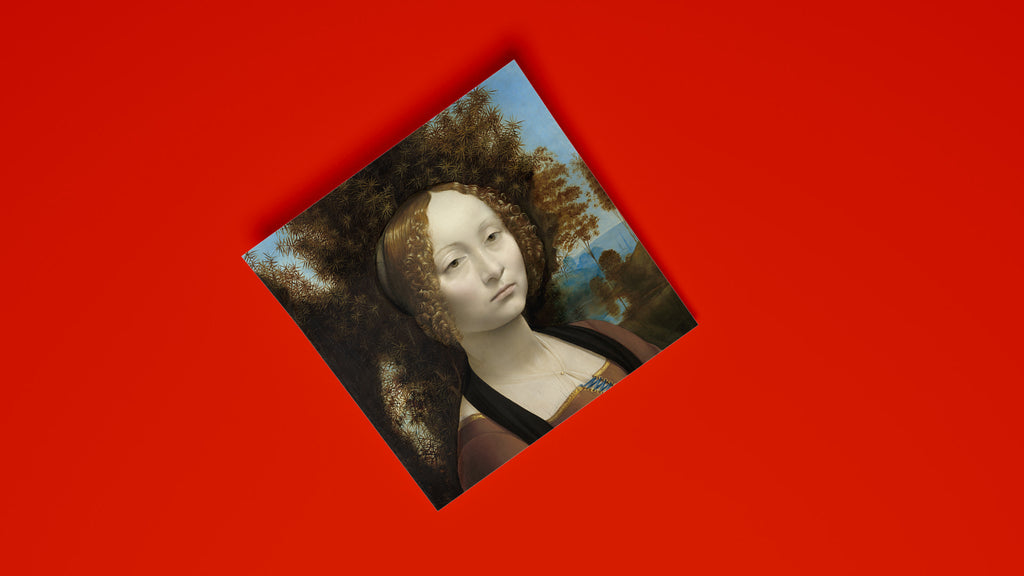 An elegant fine art poster featuring the classic Italian Renaissance masterpiece, "Ginevra de' Benci," suitable for sophisticated home decor.
