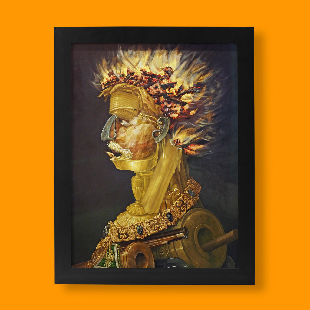 Giuseppe Arcimboldo Fire Allegory fine art print - Renaissance wall art featuring composite portrait made from flames and fire tools, premium giclée reproduction for home decor