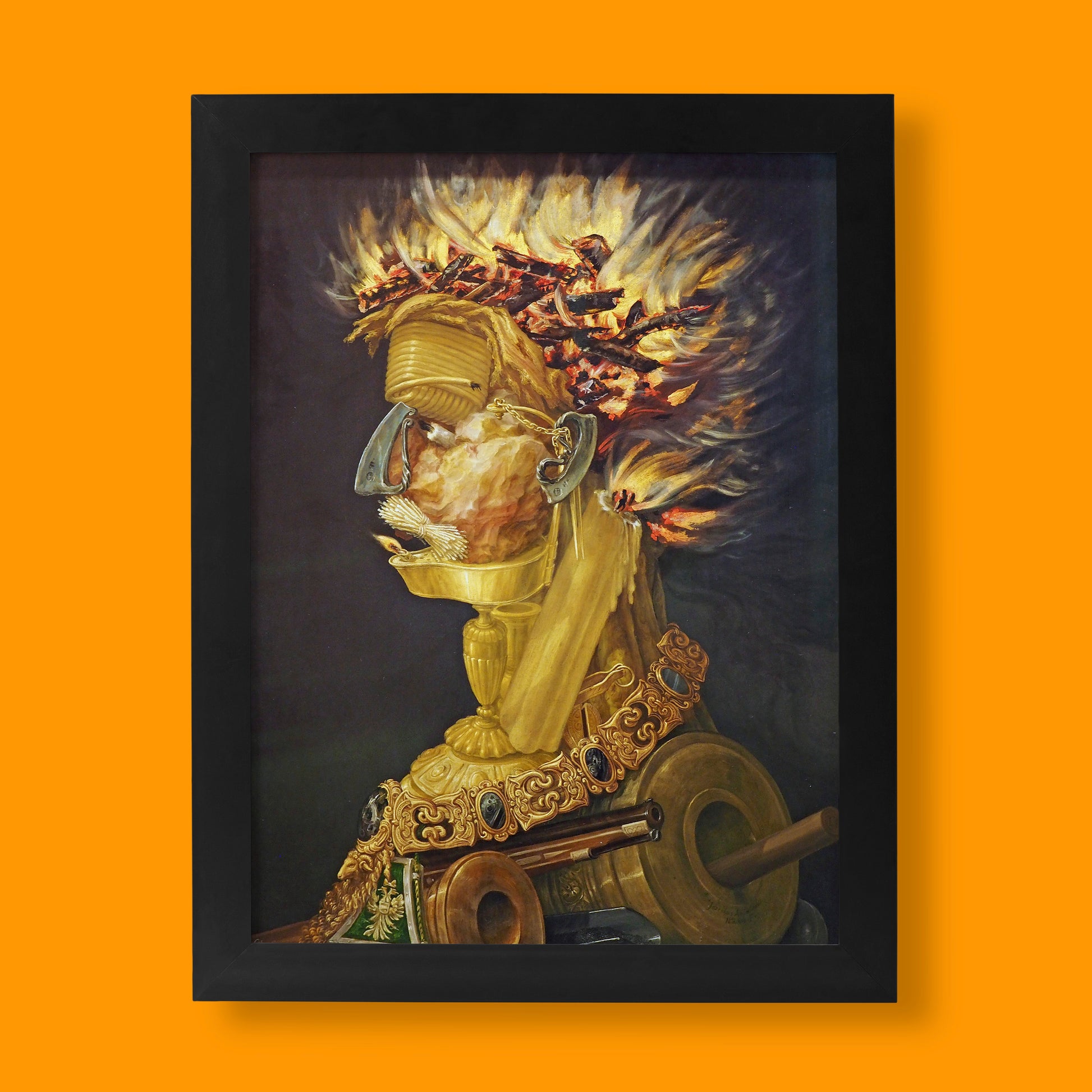 Giuseppe Arcimboldo Fire Allegory fine art print - Renaissance wall art featuring composite portrait made from flames and fire tools, premium giclée reproduction for home decor