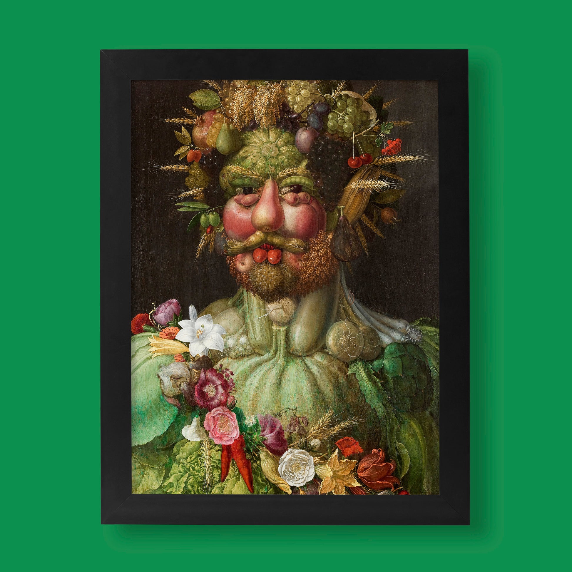 Giuseppe Arcimboldo Vertumnus fine art print showing Renaissance composite portrait of Emperor Rudolf II made from fruits, vegetables and flowers - premium wall art reproduction