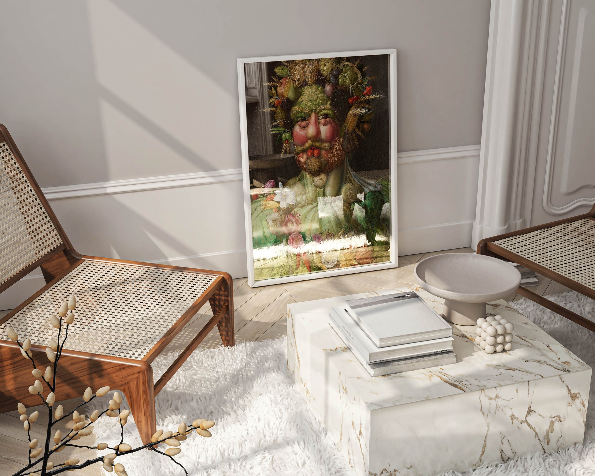 Arcimboldo Vertumnus framed fine art print hanging on wall - famous Italian Renaissance painting of Emperor as seasonal god composed of botanical elements for interior design