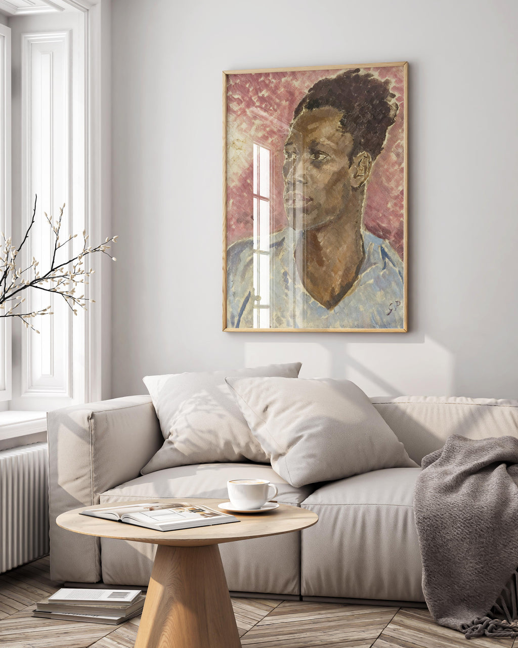 Glyn Warren Philpot Portrait of Henry Thomas a Jamaican Man framed art print displayed on contemporary living room wall, premium framed wall decor featuring 1930s British modernist painting with rose-pink background