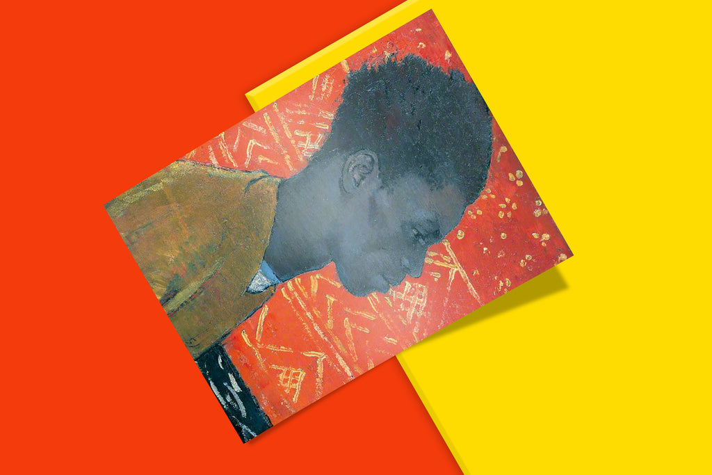 Decorative wall art print of Glyn Philpot’s Portrait of Henry Thomas with modernist batik-inspired red and gold background.