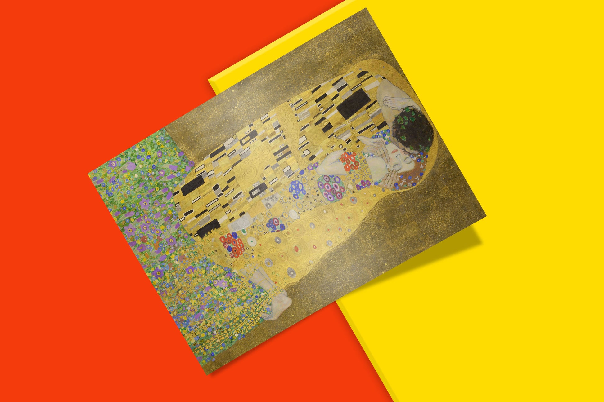FSC-certified art print of Klimt’s The Kiss, showcasing golden-era symbolism and vivid colour.