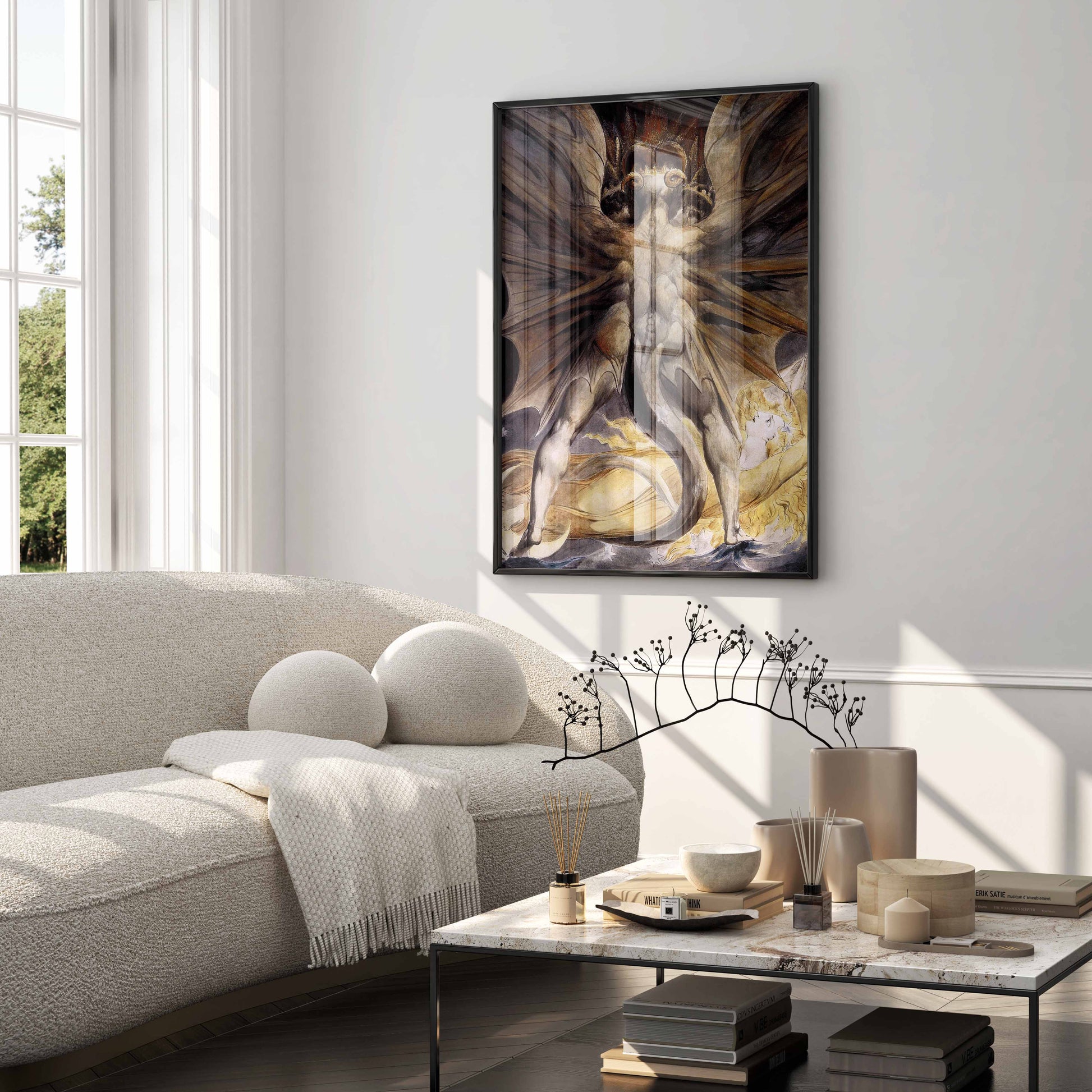 Stunning framed Giclée print of Blake's iconic Great Red Dragon, showcasing the artwork as premium wall art in a modern interior setting.