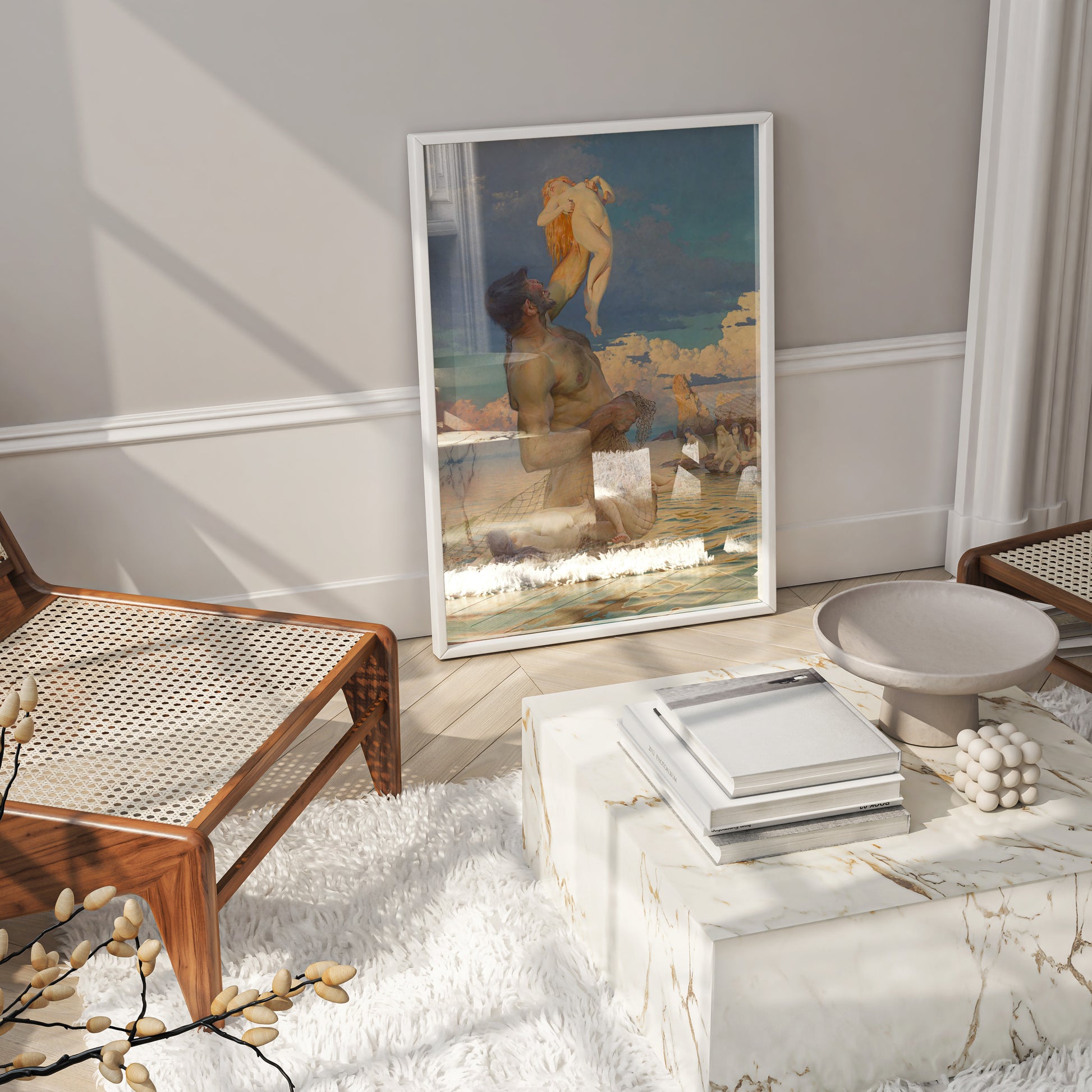 Greek mythology wall art print Polyphemus by Max Pietschmann displayed in modern living room interior, statement fine art poster